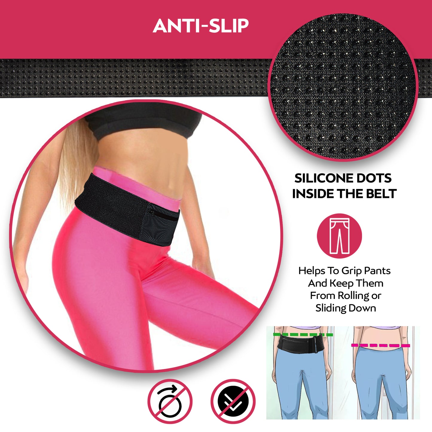 Keepsitup elastic work out belt helps  prevent pants from sliding under you belly while working out. Slim, Bounce Free, Adjustable Cinching Work out Belt