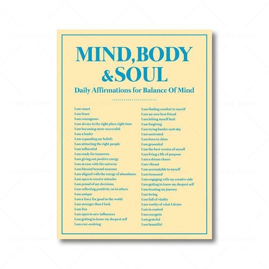 Colorful Body Mind Soul Daily Affirmations Wall Art Posters , Practice that Positive Self Love!