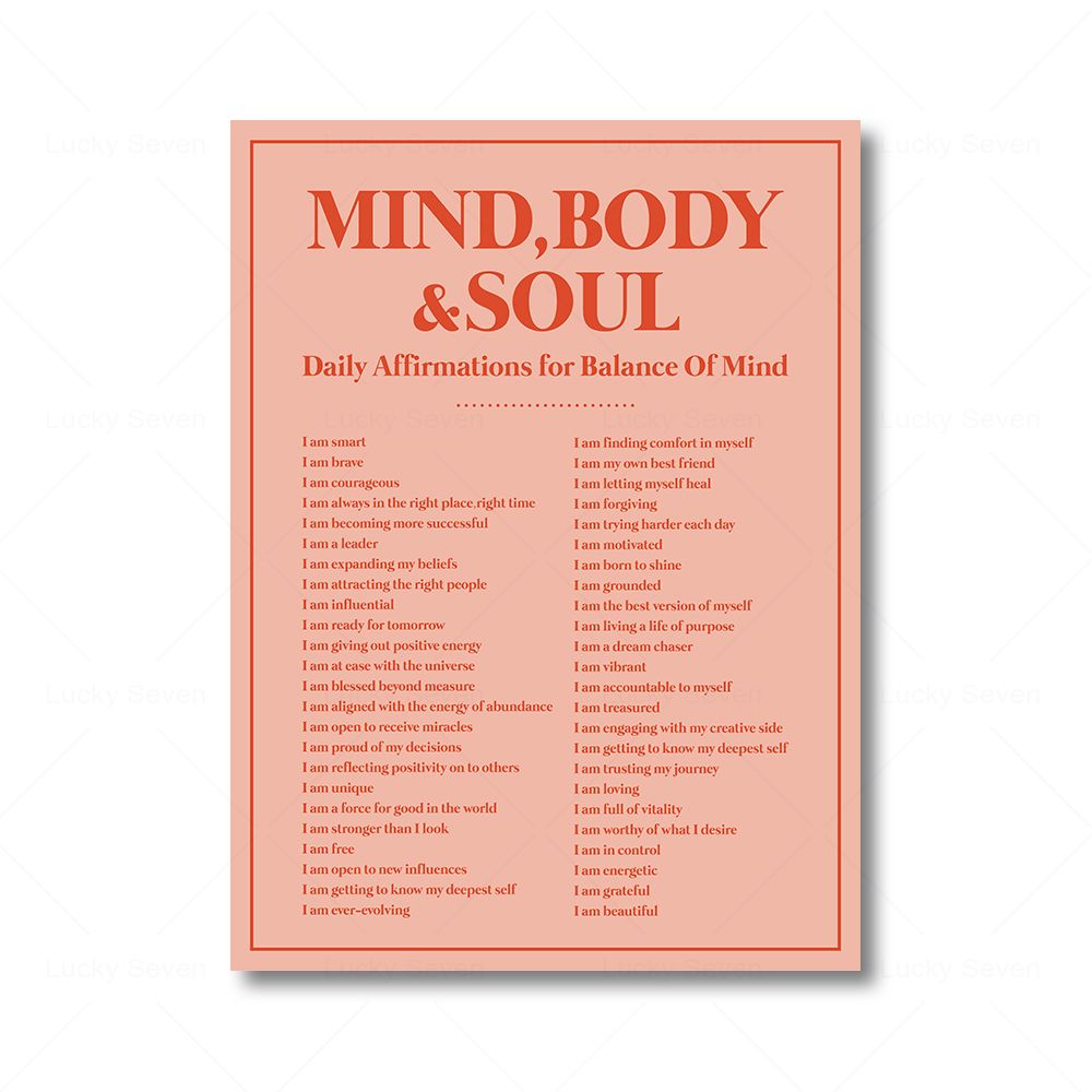 Colorful Body Mind Soul Daily Affirmations Wall Art Posters , Practice that Positive Self Love!